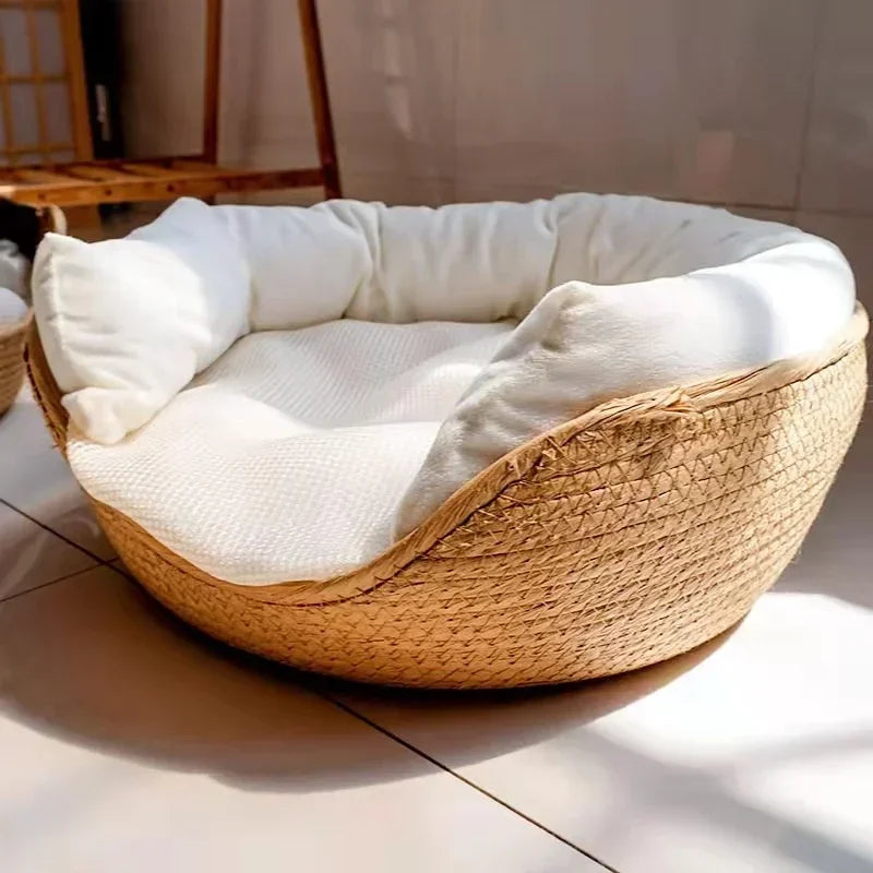 Handwoven Pet Basket Bed with Cushion
