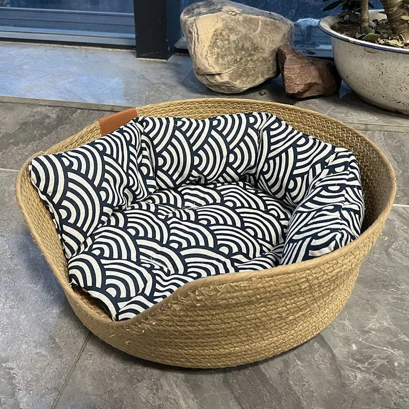 Handwoven Pet Basket Bed with Cushion