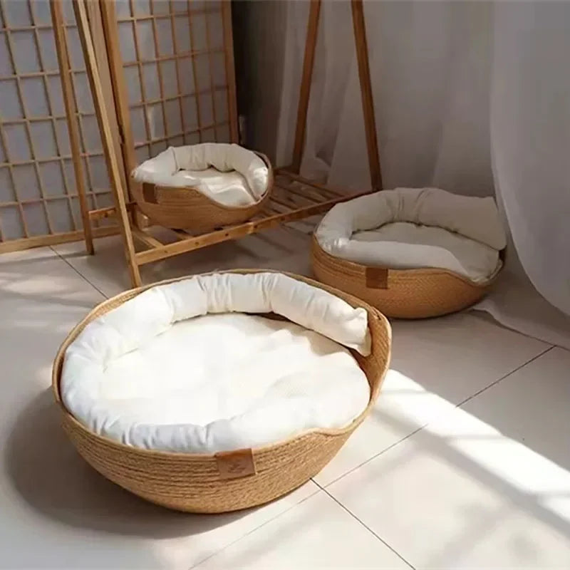 Handwoven Pet Basket Bed with Cushion